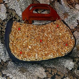Vintage 70s sequin purse with wooden handles